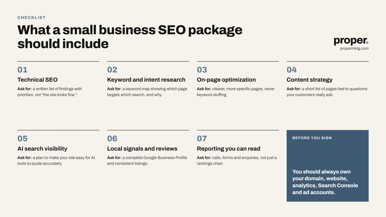 Checklist of what a small business SEO package should include in 2026